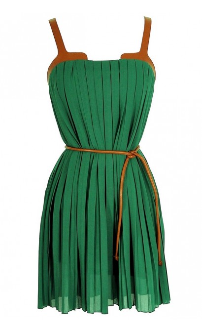 Leatherette Trim Pleated Chiffon Dress in Green